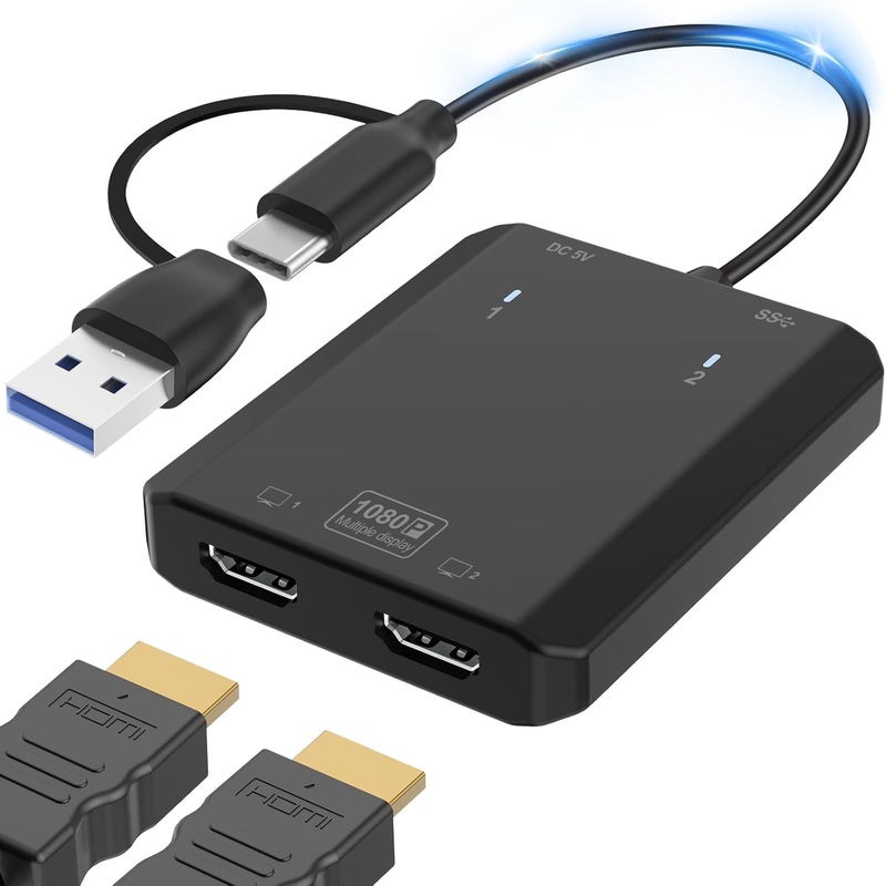 Herfair USB to HDMI Adapter [1080P Full HD] HDMI Splitter for Dual Monitors USB 3.0 to Extended Display Converter 1 in 2 Out Multiple Screen Extender for MacOS/Windows 11/10/8/7 Laptops - Image 1